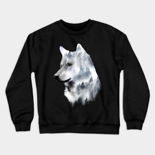 Dramabite Double exposure wolf surreal wildlife nature wilderness Crewneck Sweatshirt